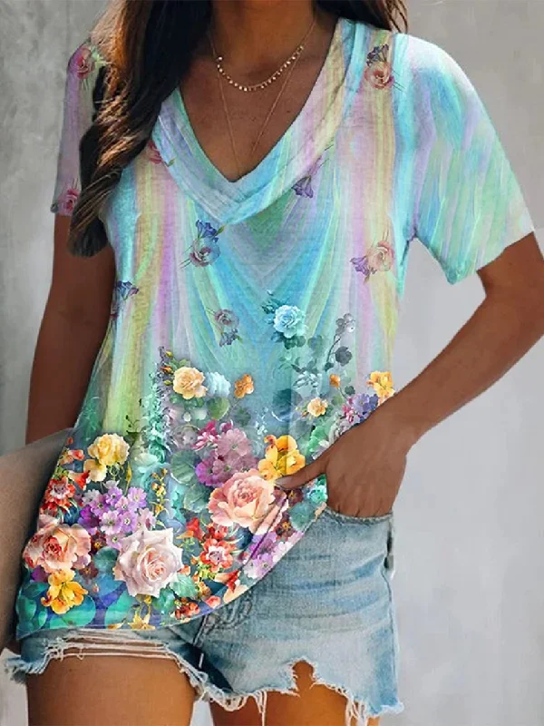 Flash Sale Rainbow Floral Printed Women's T-shirt CC50