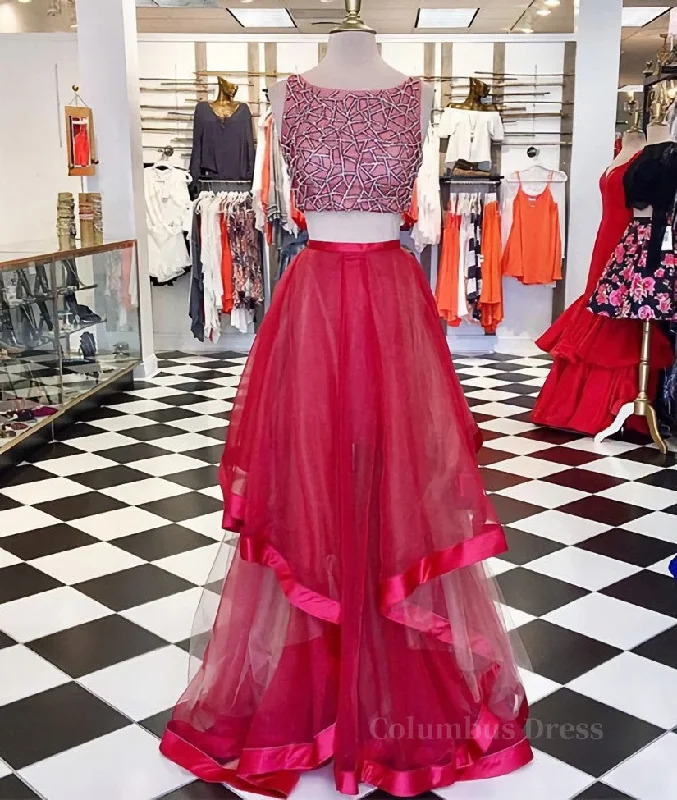 Best Seller Two Pieces Sequin Round Neck Tulle Long Red Corset Prom Dresses, Red Evening Dresses outfit Best Seller Two Pieces Sequin Round Neck Tulle Long Red Corset Prom Dresses, Red Evening Dresses outfit