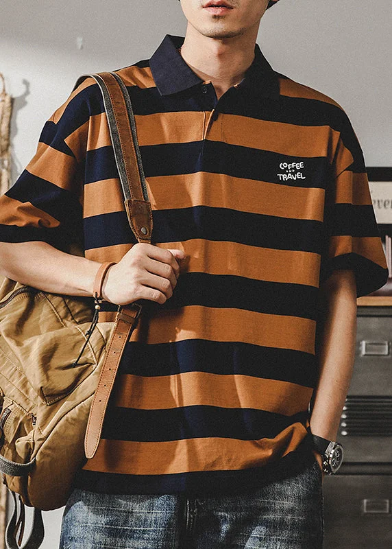Major Savings New Orange Striped Cotton Men Polo Shirt Summer QH009