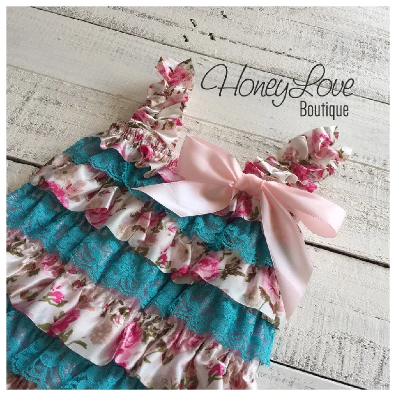 Doorbuster Deal Lace & Satin Petti Romper - Blue Lace and Floral Satin