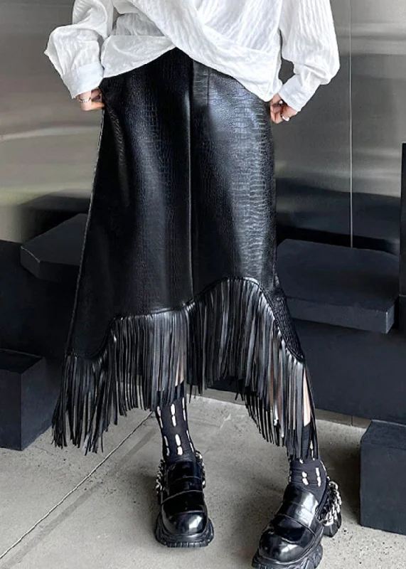 Blowout Sale Italian Black Tasseled Patchwork Faux Leather Skirts Winter RS053