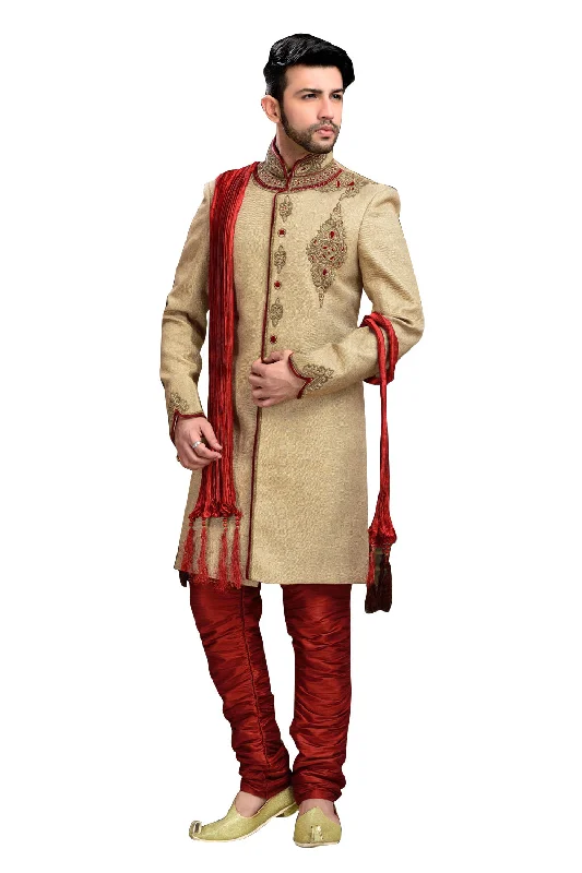 Deal Dash Elegant Tan Brown Jute Silk Indian Wedding Sherwani For Men