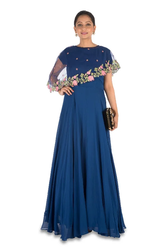 Price Drop Alert Navy Blue Asymmetrical Cape Gown
