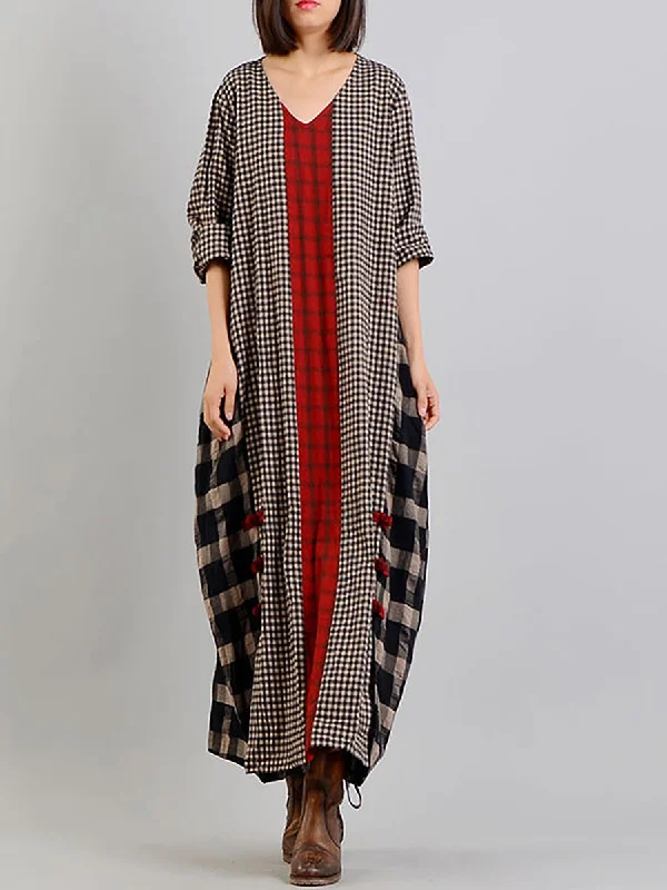 Bonus Savings Plus Size Different Colored Plaid Retro Cotton Linen Dress AA1054