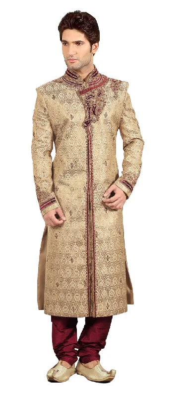 Major Savings Modern Beige Jacquard Silk Indian Wedding Sherwani For Men