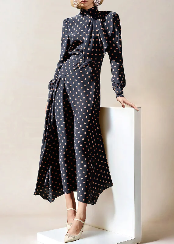 Stock Clearance French Navy Zippered Dot High Waist Chiffon Long Dress Fall QR034