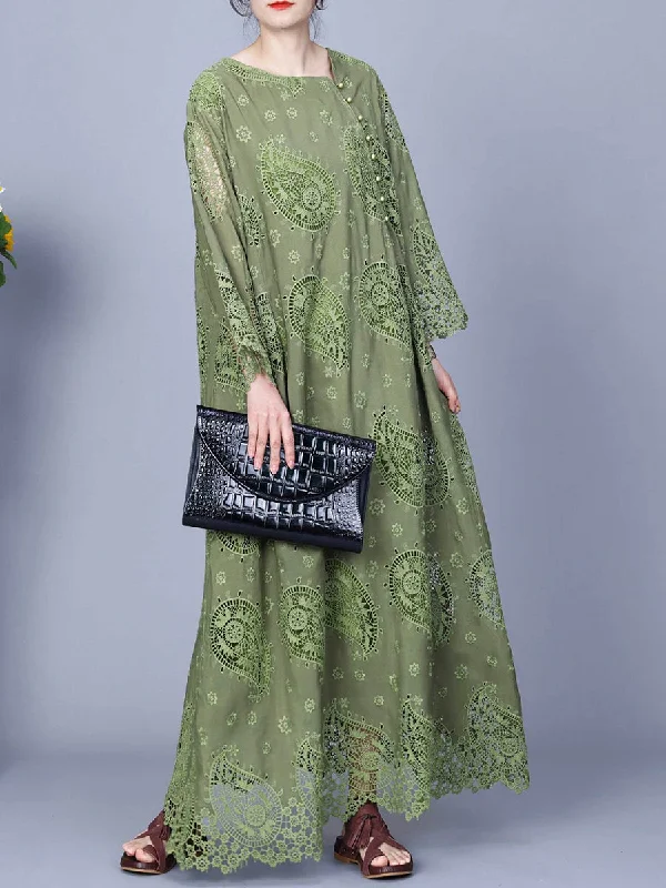 Deep Discounts Women Autumn Artsy Dual-layer Cutout Lace Loose Dress RR009
