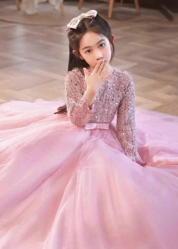 New Markdowns Fine Pink O-Neck Patchwork Tulle Girls Maxi Dress Winter RP044