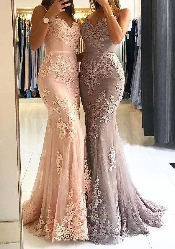 Special Discount Trumpet/Mermaid Sweetheart Sleeveless Long/Floor-Length Tulle Corset Prom Dress With Appliqued Gowns
