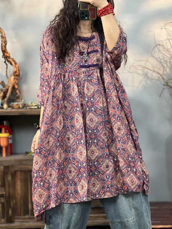 Instant Savings Plus Size Women Ethnic Print Summer 100%Ramie Dress TY1044