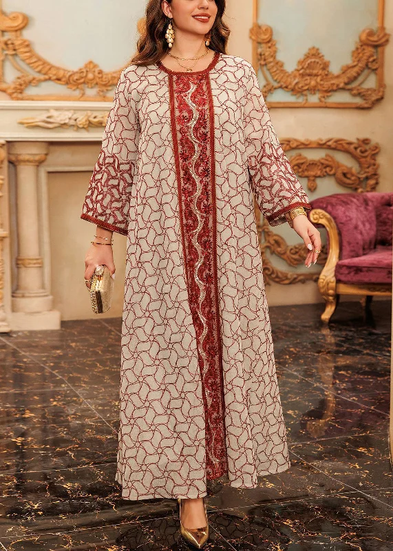 Seasonal Sale Red Embroidered Patchwork Tulle Fall Maxi Dresses O Neck QL019
