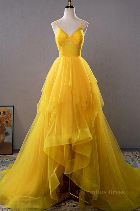 Time-Limited Offer Open Back V Neck High Low Yellow Tulle Long Corset Prom Dress, High Low Yellow Corset Formal Evening Dress outfit Time-Limited Offer Open Back V Neck High Low Yellow Tulle Long Corset Prom Dress, High Low Yellow Corset Formal Evening Dress outfit