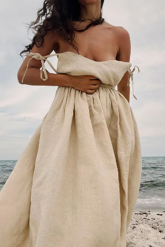 Online Only Sexy Vacation Solid Bandage Backless V Neck Beach Dress Dresses RE5238