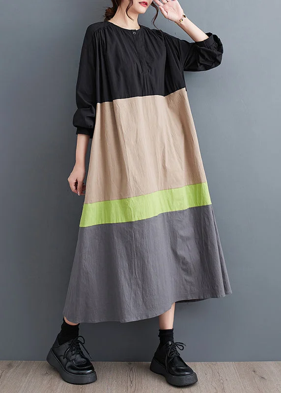 Super Sale Khaki Loose Patchwork Cotton Long Dresses O Neck Fall QA045