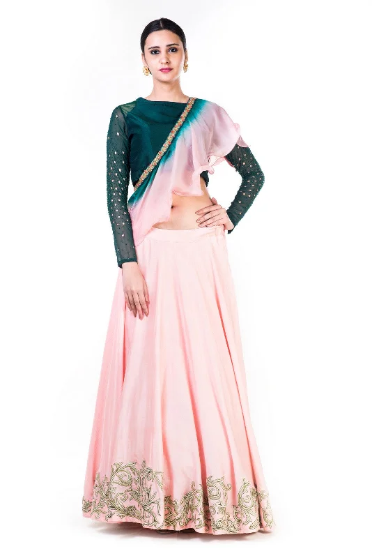 Extra Savings Hand Embroidered Bottle Green & Blush Pink Lehenga With A Shaded Frill Dupatta Extra Savings Hand Embroidered Bottle Green & Blush Pink Lehenga With A Shaded Frill Dupatta