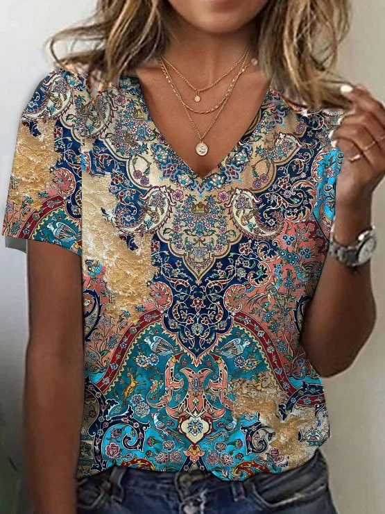 Deep Discounts V Neck Loose Ethnic Casual T-Shirt  WS120