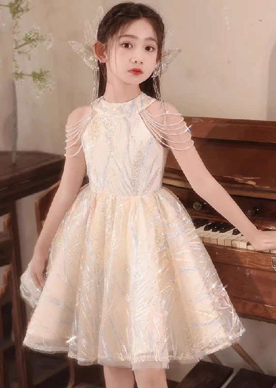 Overstock Sale Fine Champagne O-Neck Nail Bead Tassel Tulle Girls Long Dresses Summer QV022 Overstock Sale Fine Champagne O-Neck Nail Bead Tassel Tulle Girls Long Dresses Summer QV022