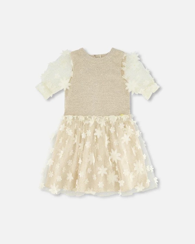 Price Reduction Elbow Sleeve Dress With Tulle Skirt Glittering Beige