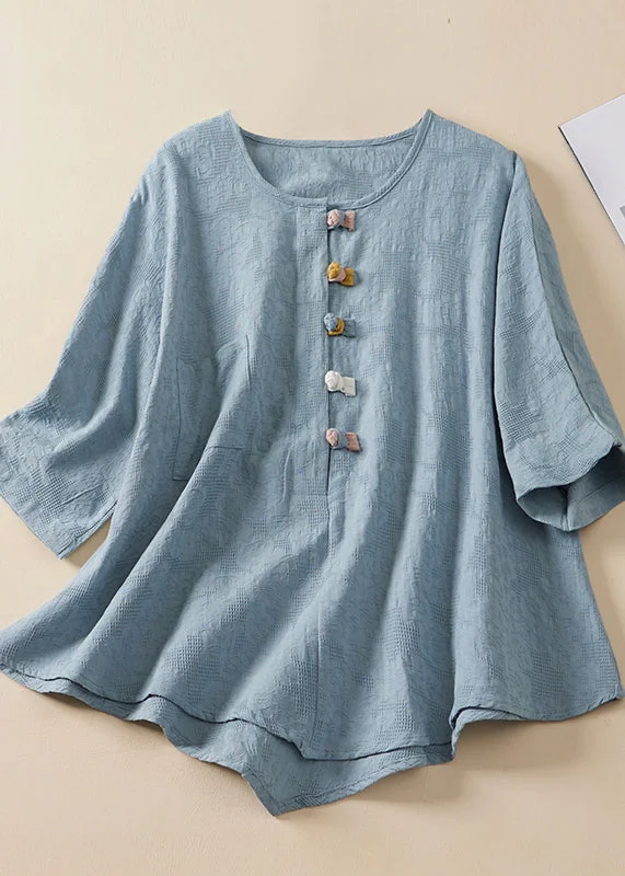 Super Deal Women Blue O Neck Chinese Button Jacquard Linen Shirt Summer AM1041