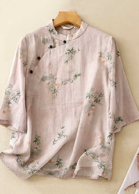 Closeout Casual Versatile Pink Stand Collar Print Cotton Shirts Summer AM1045