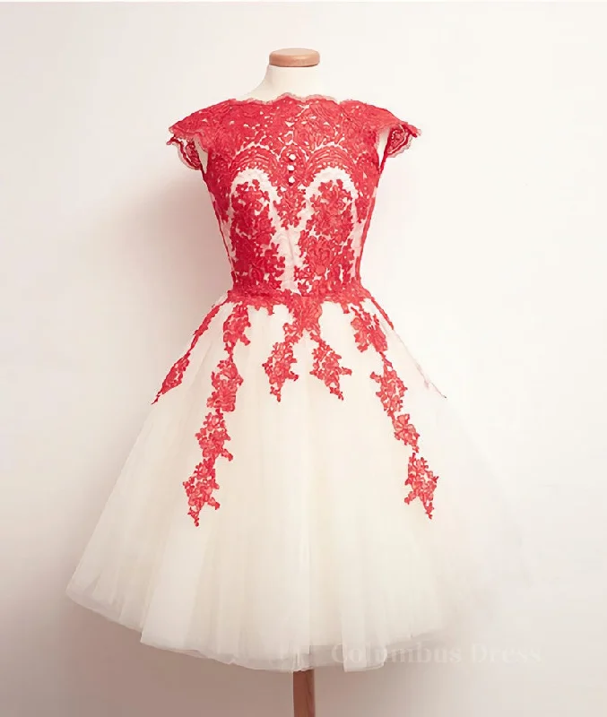 Seasonal Sale White Tulle Short Red Lace Corset Prom Dresses, Short Red Lace Corset Homecoming Dresses outfit