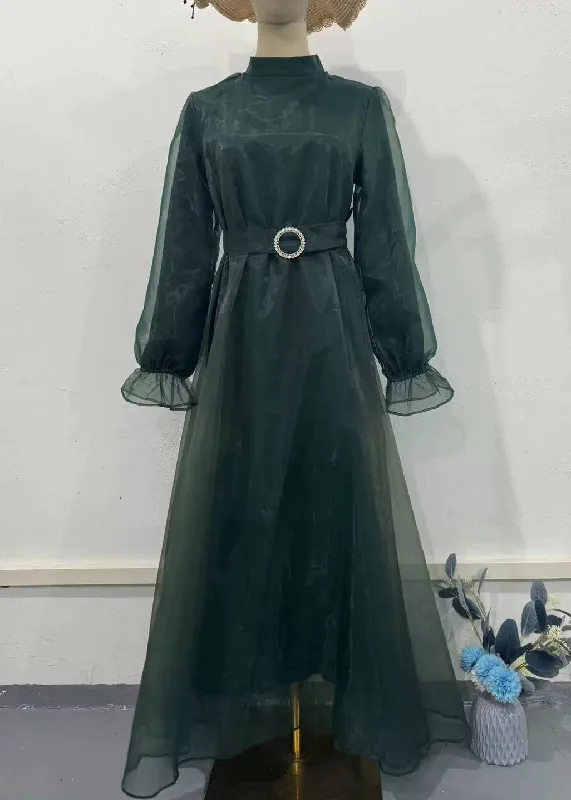 Mega Deal Classy Green Half High Neck Tulle Long Dresses Fall QL031