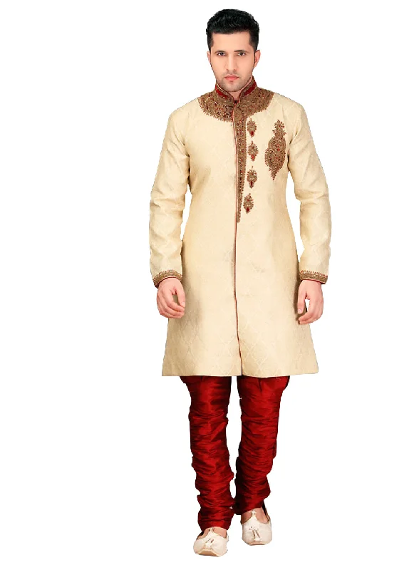 Massive Deals Ethnic Beige Jacquard Silk Indian Wedding Sherwani For Men