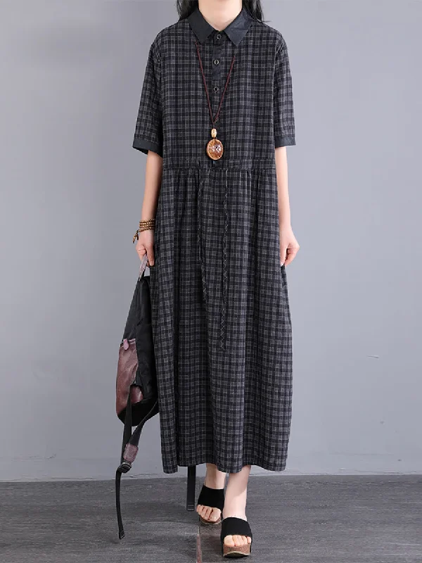 Limited Time Offer Plus Size Women Artsy Plaid Cotton Linen Dress KL1021