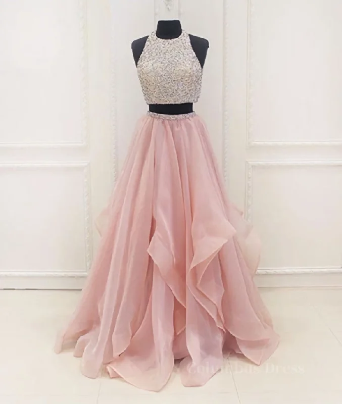 Holiday Sale Two Pieces Round Neck Sequins Long Pink Corset Prom Dresses, Pink Evening Dresses outfit Holiday Sale Two Pieces Round Neck Sequins Long Pink Corset Prom Dresses, Pink Evening Dresses outfit