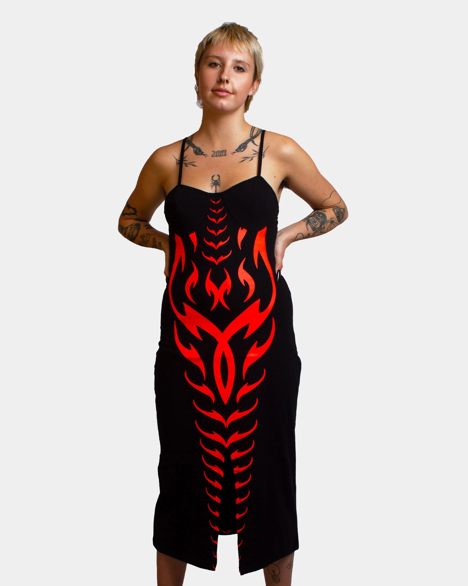 Today’s Deal FRONT SPLIT DRESS TRIBAL PHOENIX BLACK / RED