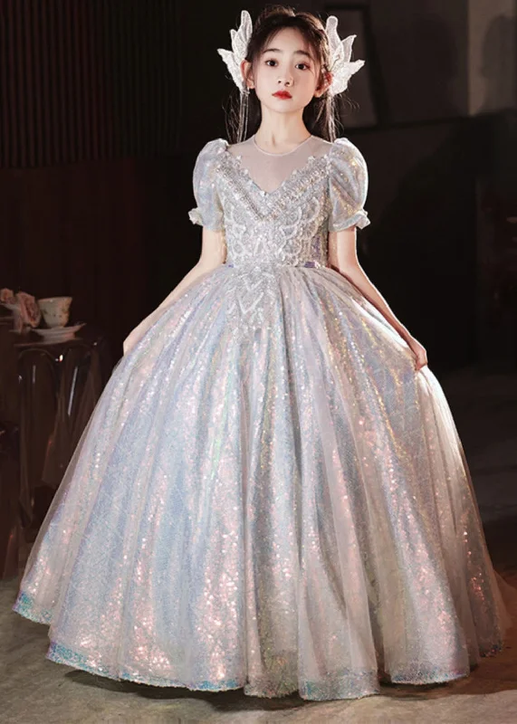 Super Sale Boutique Silver Nail Bead Tulle Patchwork Girls Vacation Long Dresses Summer QV024 Super Sale Boutique Silver Nail Bead Tulle Patchwork Girls Vacation Long Dresses Summer QV024
