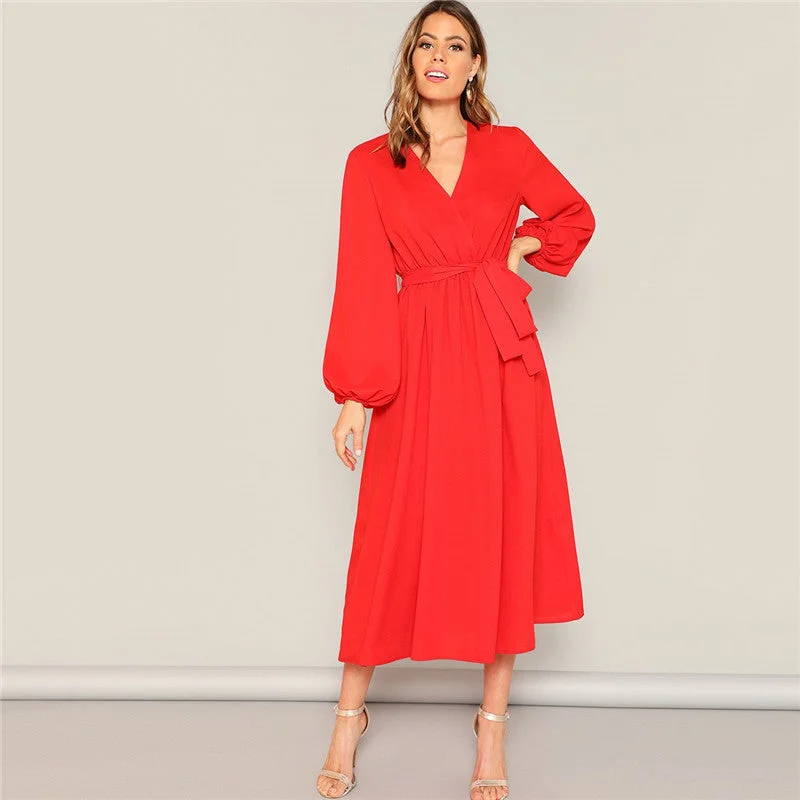 Massive Deals Women's Spring/Summer V-Neck Long-Sleeved Belted Dress