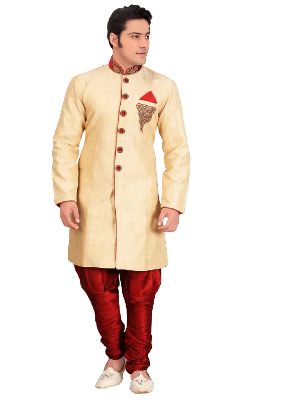 Low Prices Fancy Dark Cream Dupioni Raw Silk Indian Wedding Sherwani For Men