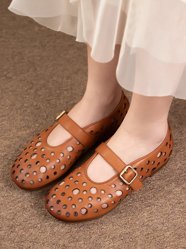 Overstock Women Casual Leather Soft Solid Cutout Low Heel Shoes LL028