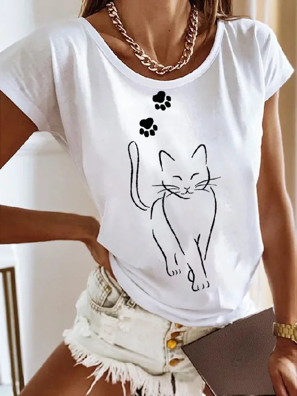 Markdowns Casual Jersey Cat Crew Neck T-Shirt  QH84