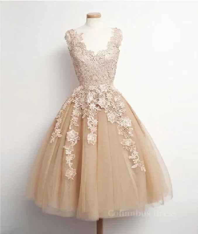 Loyalty Reward Retro Champagne V-neck Applique Short Corset Prom Dress, Lace Evening Dresses, Party Dresses outfit Loyalty Reward Retro Champagne V-neck Applique Short Corset Prom Dress, Lace Evening Dresses, Party Dresses outfit