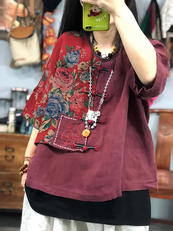 Season Finale Sale Plus Size Women Embroidered Floral Retro Ramie Cotton Stitching T-shirt AS1029