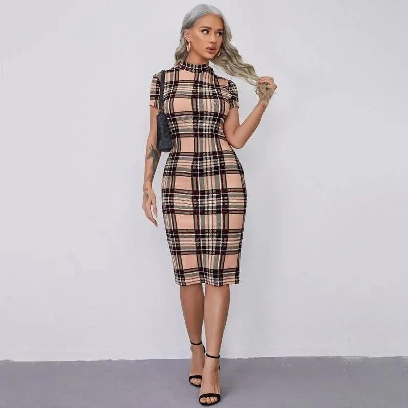 Weekend Flash Sale Mock-neck Tartan Pencil Dress