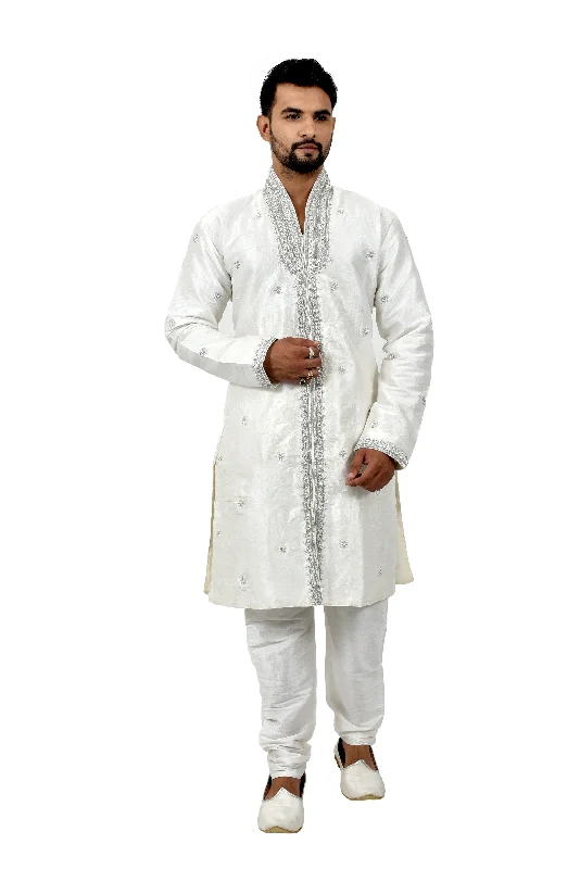 Can't Be Beat White Silk Traditional Indian Wedding Indo-Western Sherwani for Men