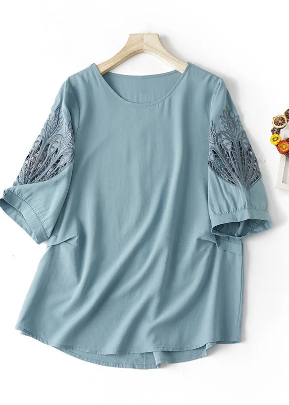 Grand Opening Sale Plus Size Blue O Neck Hollow Out Embroidered Cotton T Shirt Summer AM1059