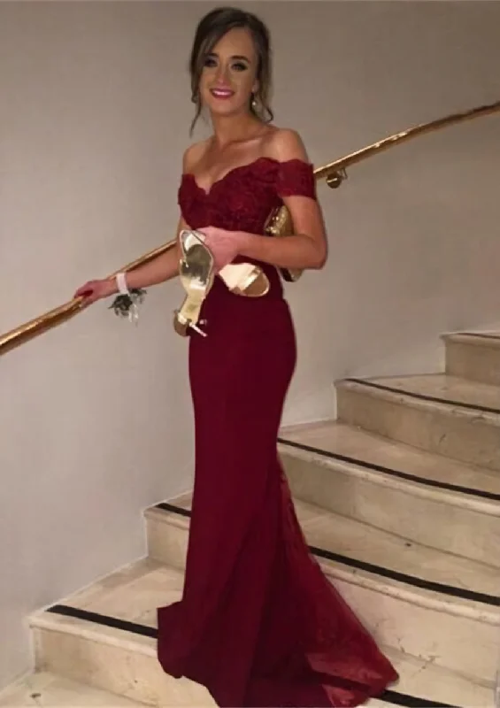 Instant Savings Trumpet/Mermaid Sleeveless Off-the-Shoulder Sweep Train Lace Corset Prom Dress With Appliqued Beaded Sequins Gowns