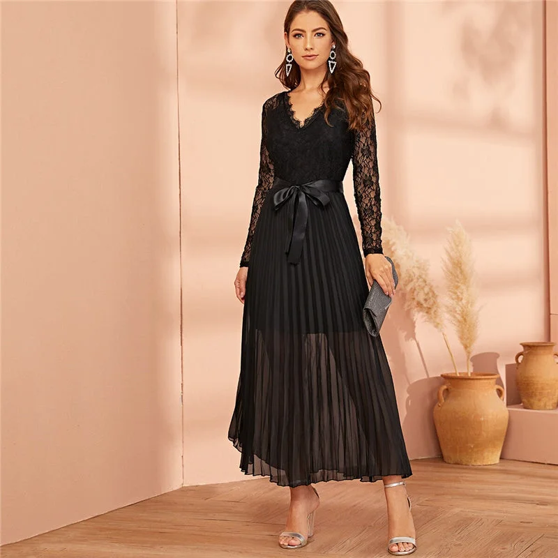 Best Seller Women's Summer Belted V-Neck Long Dress With Lace