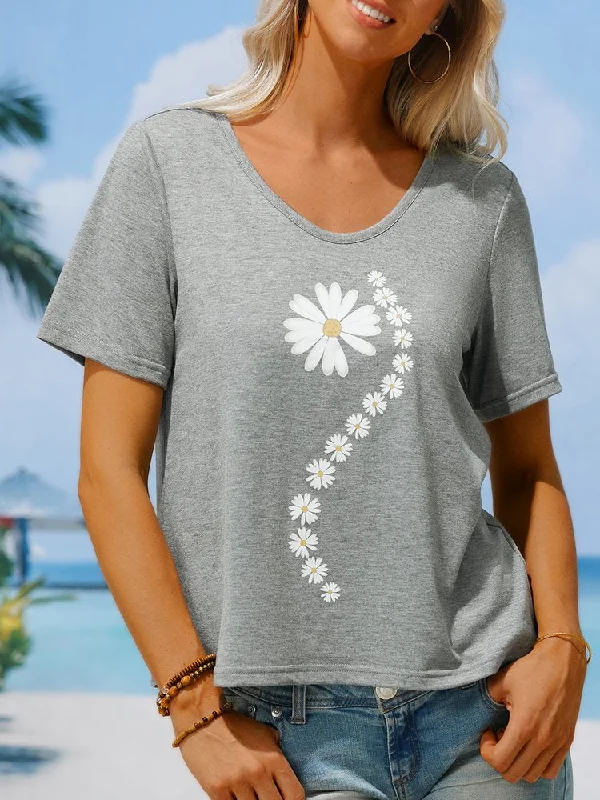 Low Prices Loose V Neck Casual Floral T-Shirt  QV119