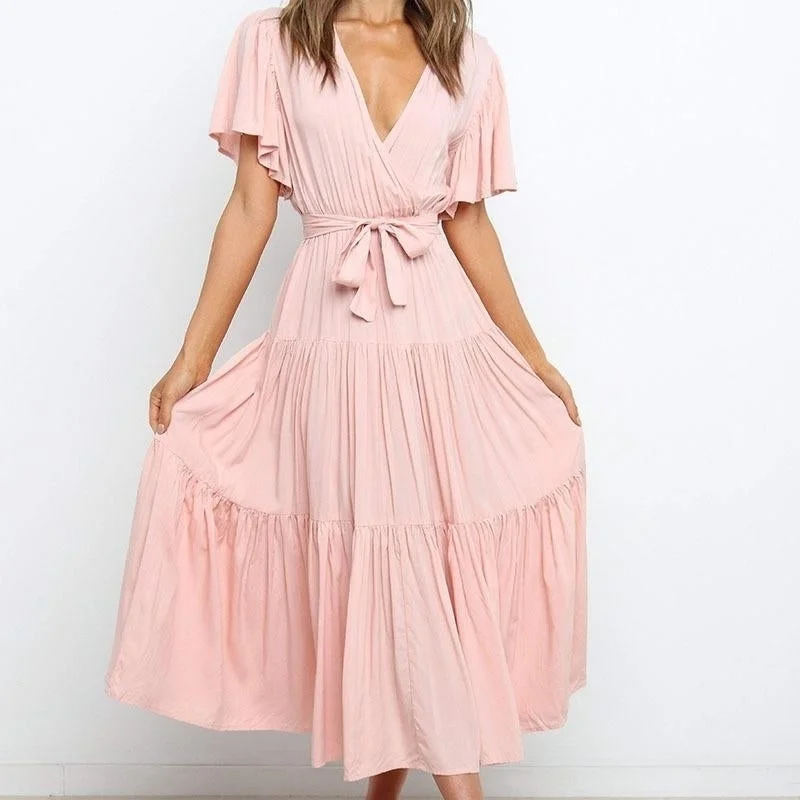 Quick Sale Sexy V-Neck Short Sleeve Solid Maxi Dress