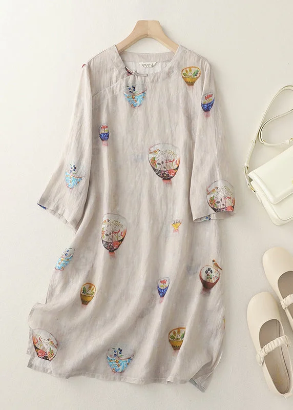 Today's Special Boutique O Neck Print Side Open Linen Dress Bracelet Sleeve AM1063