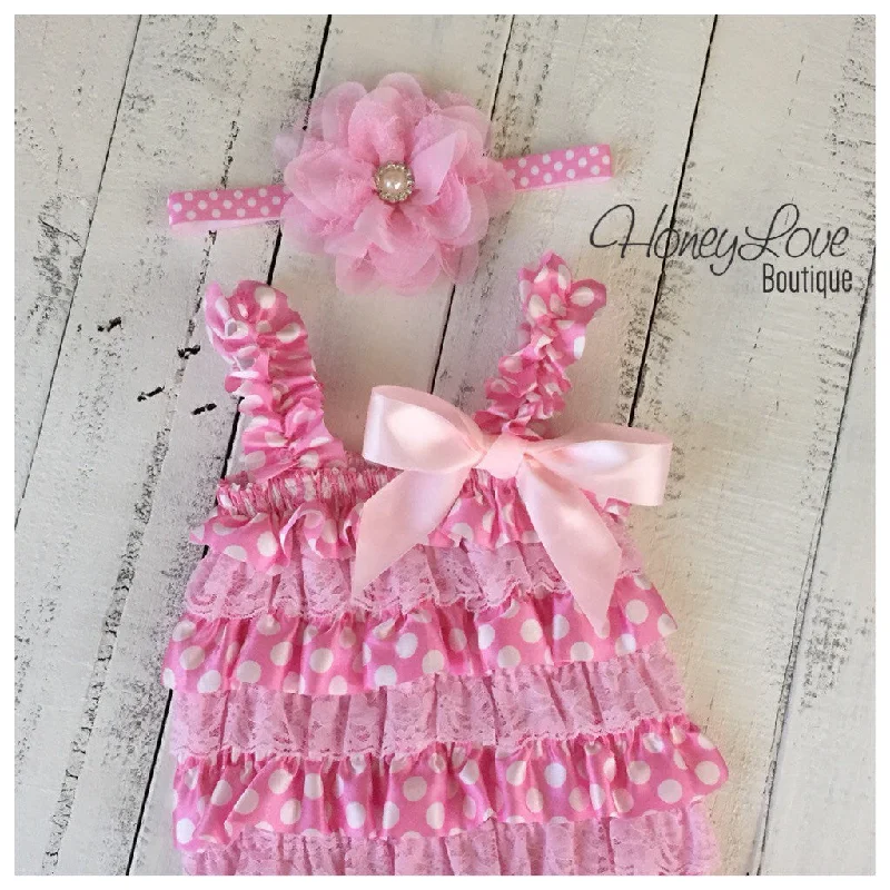 Clearance Items Satin & Lace Petti Romper - Light Pink and White Polka Dot - matching headband Clearance Items Satin & Lace Petti Romper - Light Pink and White Polka Dot - matching headband
