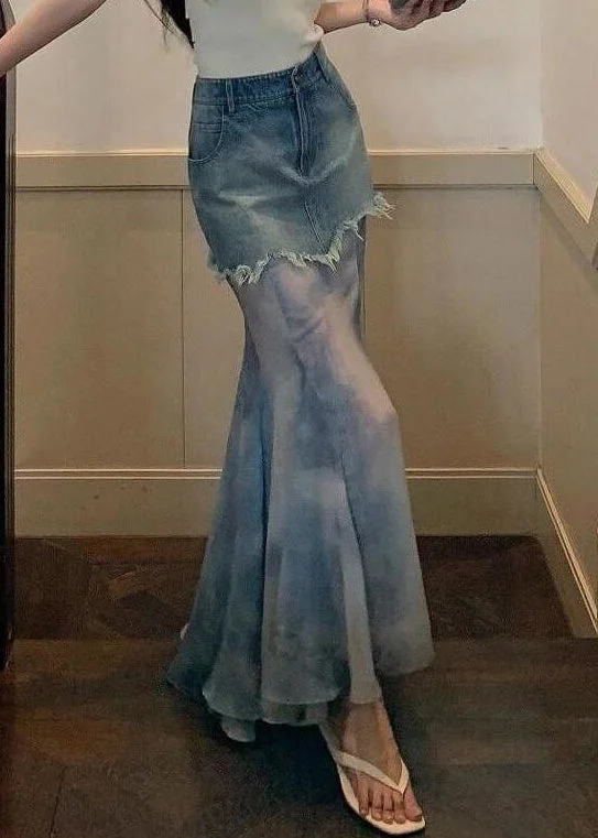Bargain Prices Slim Fit Blue High Waist Patchwork Denim Maxi Skirts Spring RV007