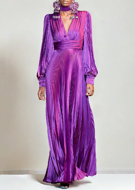 Final Markdown French Purple V Neck Wrinkled High Waist Silk Ankle Dress Fall AM1006 Final Markdown French Purple V Neck Wrinkled High Waist Silk Ankle Dress Fall AM1006