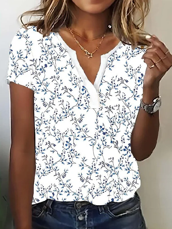Don't Wait V Neck Loose Floral Casual T-Shirt  cc199