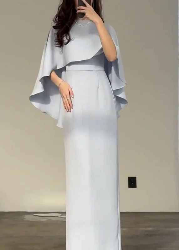 Loyalty Reward 2024 Slim Fit Light Blue Silk Shawl Waist Cinched Dress WO052